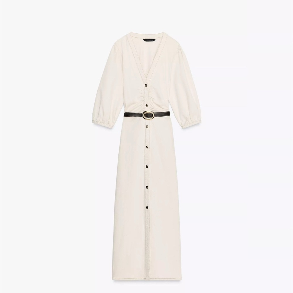 NWT Zara Belted Balloon Sleeve Midi Dress Ecru